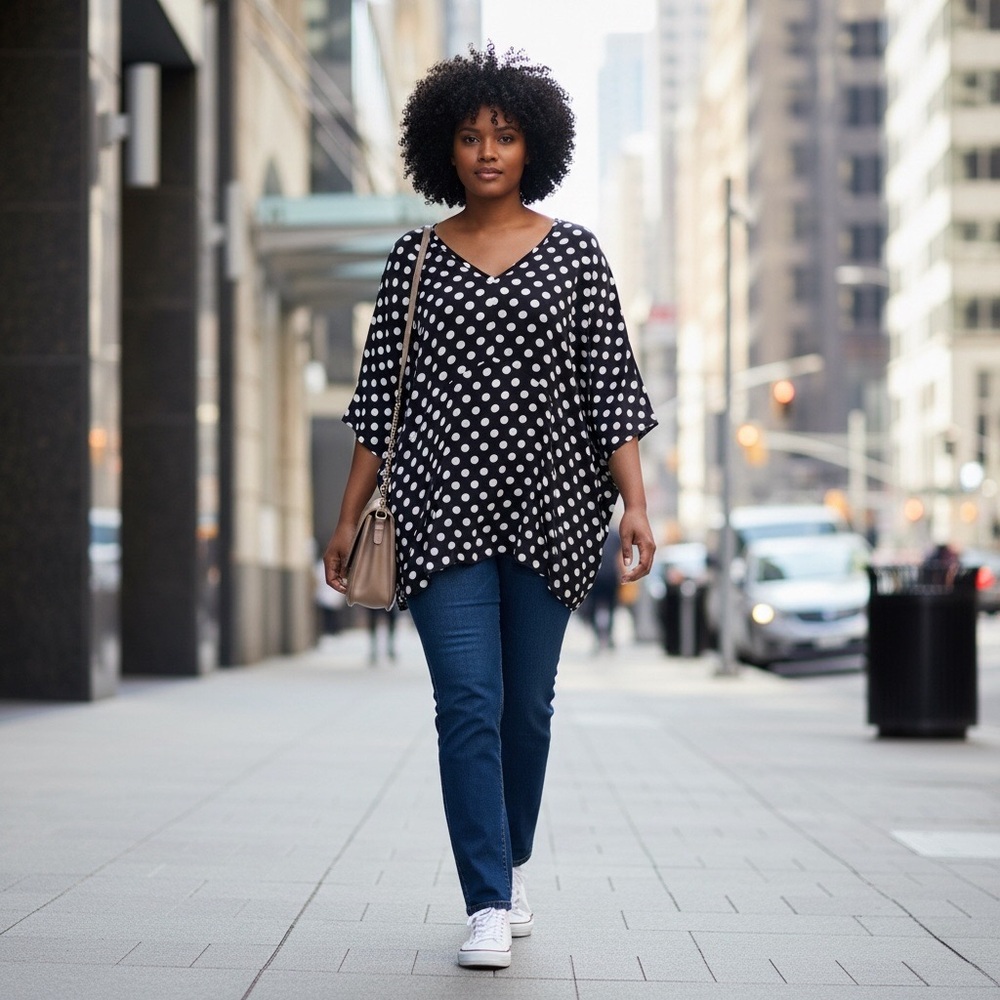 Feiersi Women’s Short Sleeve Polka Dot Top Flowing V-Neck Black/Wht Size-XL NWT